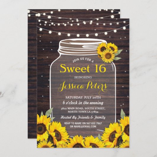 Rustic Jar Sweet 16 Party Wood Sunflower Fireflies Einladung (Vorne/Hinten)