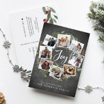 Rustic Joy Wreath | Rustikales FotoCollage Weihnac Feiertagspostkarte<br><div class="desc">Ein festliches Urlaubskartendesign mit acht Fotos, die in einem runden Kranzgeflecht mit grünem Blattwerk, Pinienbäumen und roten, heiligen Beeren auf einem Kreideboden angeordnet sind. "Joy" erscheint in der Mitte in weißer Hand mit Schriftzeichen mit Schreibschrift. Personalisieren Sie dieses einzigartige Foto Collage Design mit Ihrem individuellen Weihnachtsgrüßen und Namen am unteren...</div>