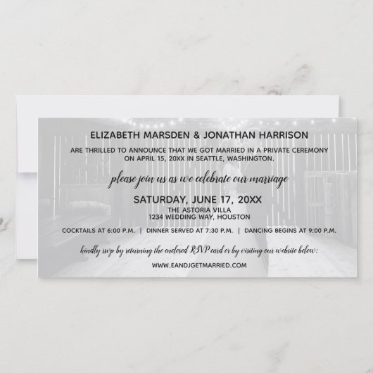 Rustic Just Married Foto Empfang Einladung (Rückseite)