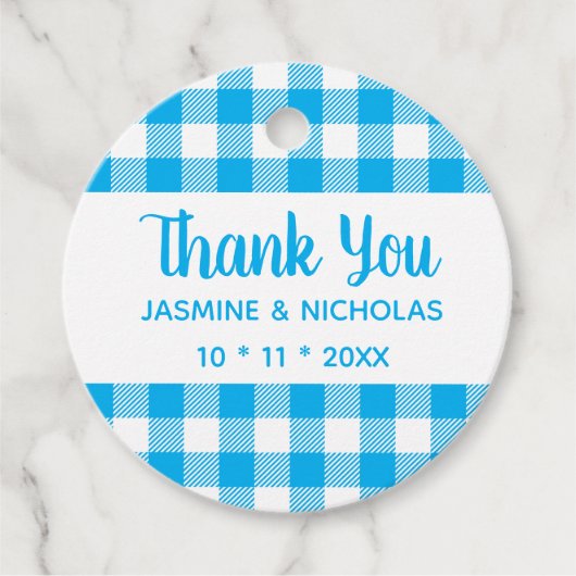 Rustic Kariert Blue Gingham Wedding Vielen Dank Geschenkanhänger (Vorderseite)