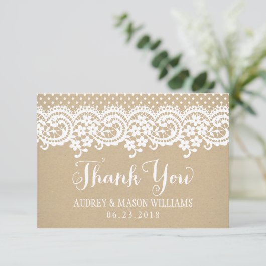 Rustic Kraft and Lace Wedding Monogram Dankeskarte (Stehend Vorderseite)