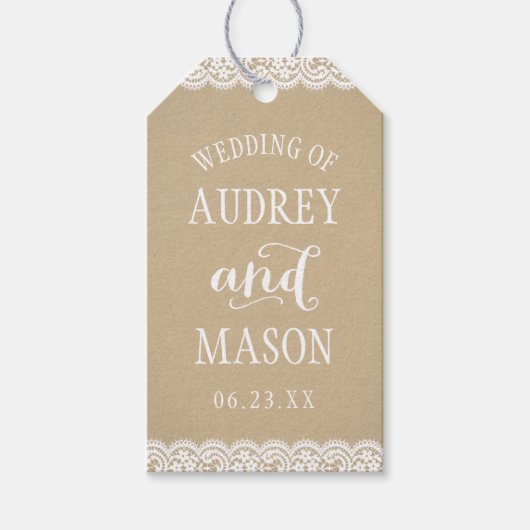 Rustic Kraft and Lace Wedding Monogram Geschenkanhänger (Vorderseite)