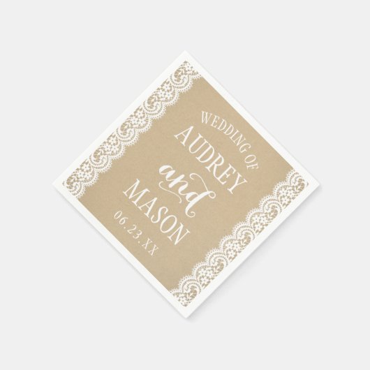 Rustic Kraft and Lace Wedding Monogram Serviette (Ecke)