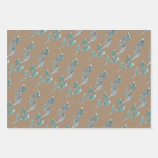 Rustic Kraft Aquamarin Blue Green Winter Leaf Gree Geschenkpapier Set (Vorderseite 3)