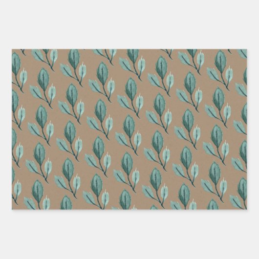 Rustic Kraft Aquamarin Blue Green Winter Leaf Gree Geschenkpapier Set (Vorderseite 2)