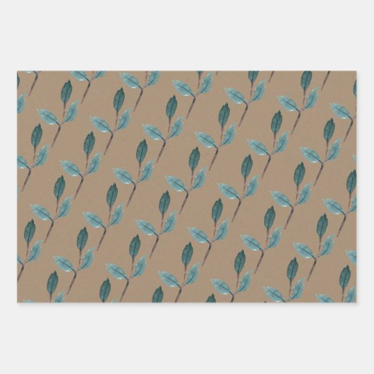 Rustic Kraft Aquamarin Blue Green Winter Leaf Gree Geschenkpapier Set (Vorderseite)