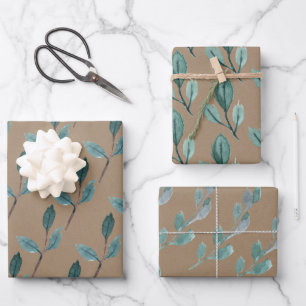 Rustic Kraft Aquamarin Blue Green Winter Leaf Gree Geschenkpapier Set