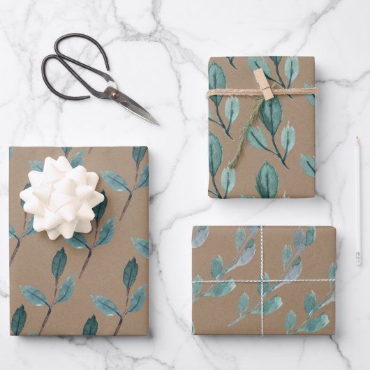 Rustic Kraft Aquamarin Blue Green Winter Leaf Gree Geschenkpapier Set (Vorderseite)