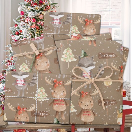 Rustic Kraft Baby First Christmas Animes Name hinz Geschenkpapier Set