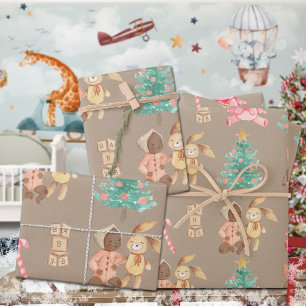 Rustic Kraft Black Baby Girl's First Christmas Geschenkpapier Set