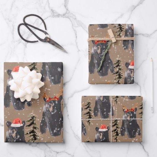 Rustic Kraft Black Bären Weihnachtsjungen Geschenkpapier Set (Vorderseite)