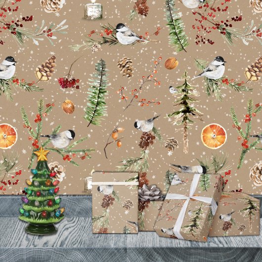 Rustic Kraft Black Cap Chickadee Weihnachtsfest Pa Geschenkpapier