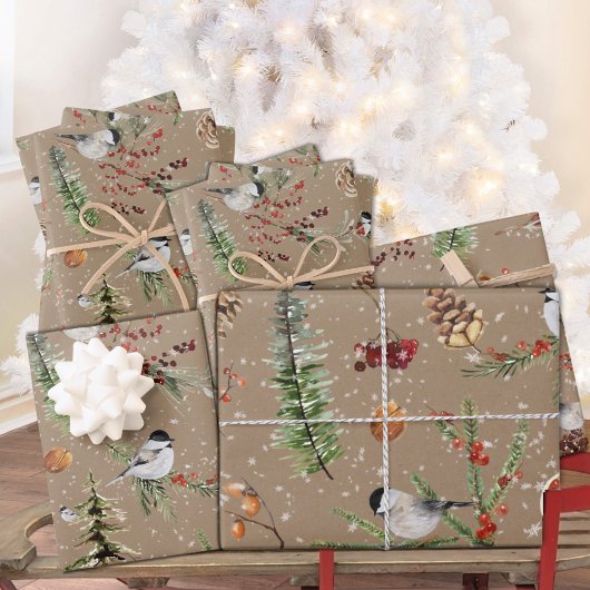 Rustic Kraft Black Cap Chickadee Weihnachtsfest Pa Geschenkpapier Set