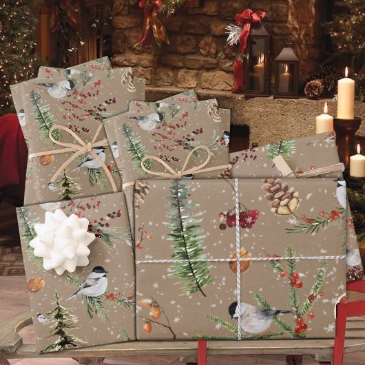 Rustic Kraft Black Cap Chickadee Weihnachtsfest Pa Geschenkpapier Set