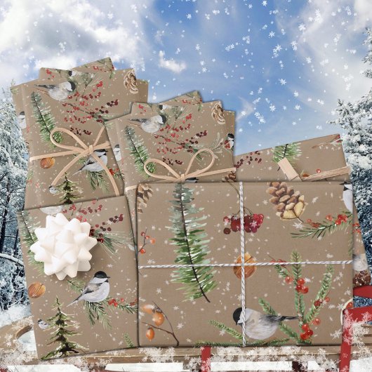 Rustic Kraft Black Cap Chickadee Weihnachtsfest Pa Geschenkpapier Set