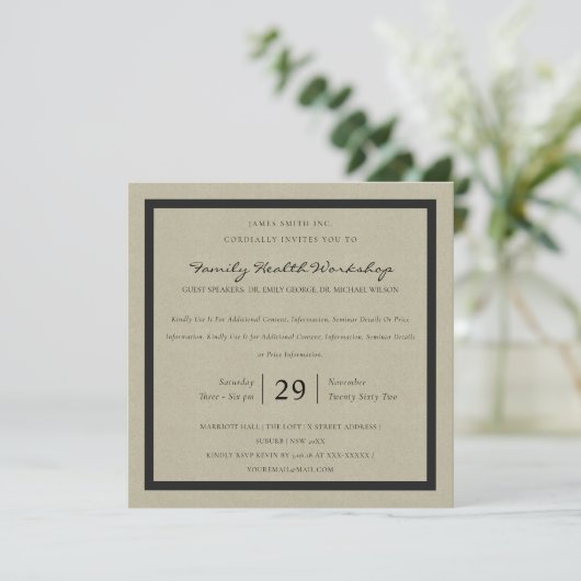 RUSTIC KRAFT BLACK DAMASK CLASSIC WORKSHOP EVENT EINLADUNG (Stehend Vorderseite)