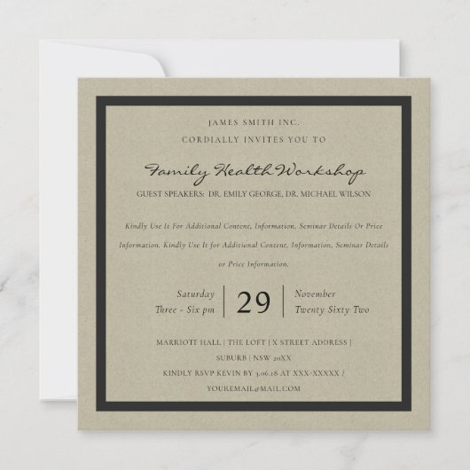 RUSTIC KRAFT BLACK DAMASK CLASSIC WORKSHOP EVENT EINLADUNG (Vorderseite)