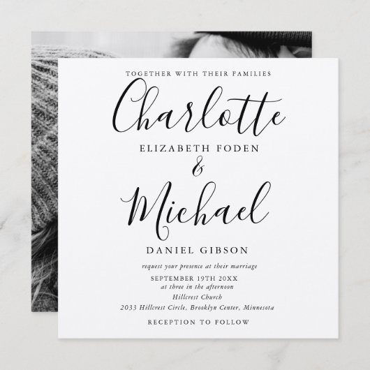 Rustic Kraft Black Script Wedding Foto Einladung (Vorne/Hinten)