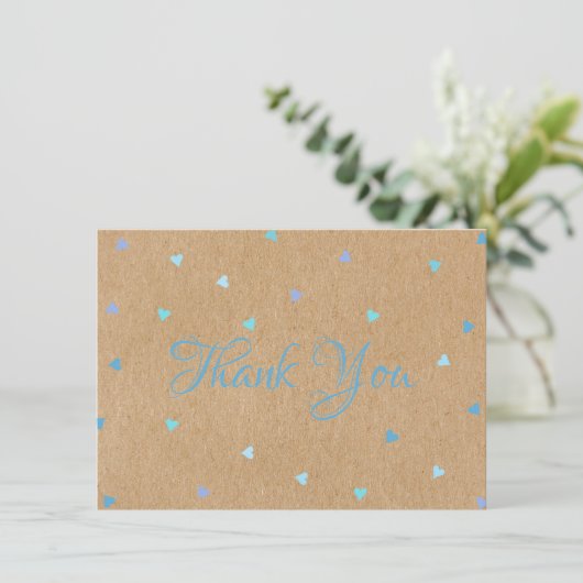 Rustic Kraft Blue Hearts Script Vielen Dank Dankeskarte (Stehend Vorderseite)