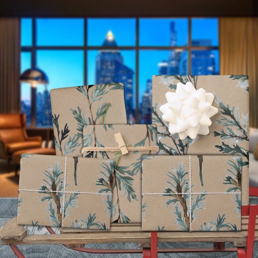 Rustic Kraft Blue Juniper Tree Branches Geschenkpapier Set