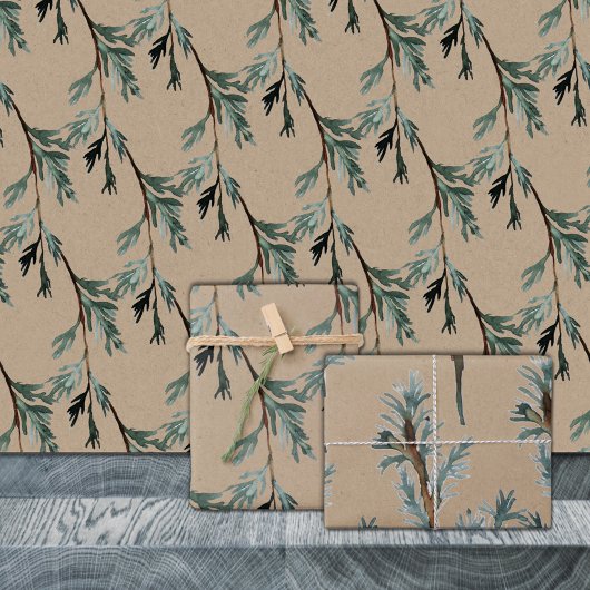 Rustic Kraft Blue Juniper Tree Branches Geschenkpapier Set