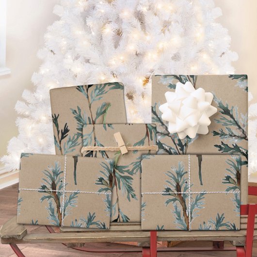 Rustic Kraft Blue Juniper Tree Branches Geschenkpapier Set