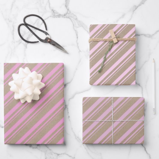 Rustic Kraft Blue Pink Blush Rose Candy Stripes Geschenkpapier Set (Vorderseite)
