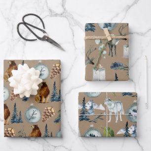 Rustic Kraft Blue Spruce Grizzly Stag Arctic Wolf Geschenkpapier Set
