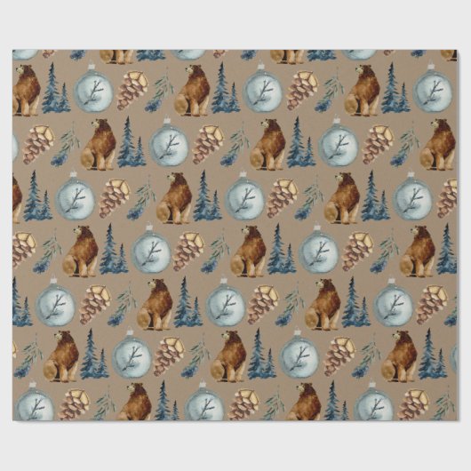Rustic Kraft Blue Spruce Grizzy & Pine Cones Geschenkpapier (Flach)