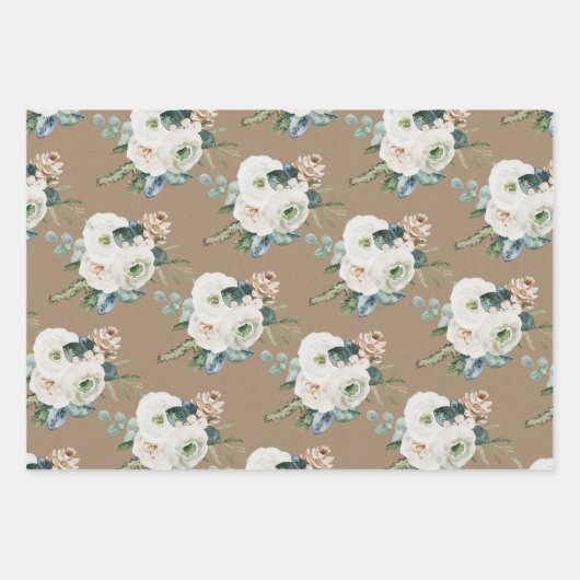 Rustic Kraft Blue Spruce Weiße Blumengrün Geschenkpapier Set (Vorderseite 3)