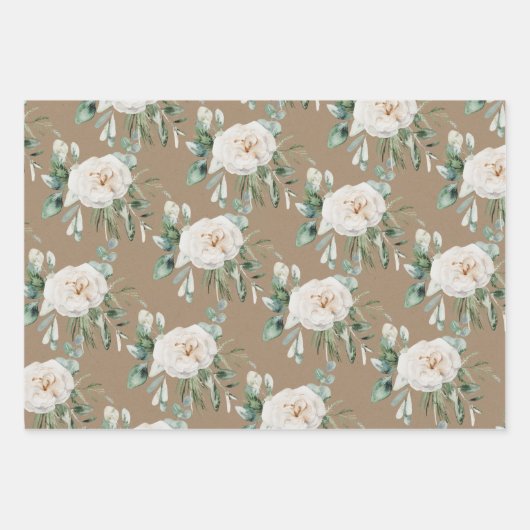 Rustic Kraft Blue Spruce Weiße Blumengrün Geschenkpapier Set (Vorderseite 2)
