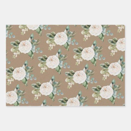 Rustic Kraft Blue Spruce Weiße Blumengrün Geschenkpapier Set (Vorderseite)