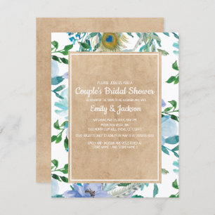 Rustic Kraft Blue White Floral Couple's Bridal Einladung