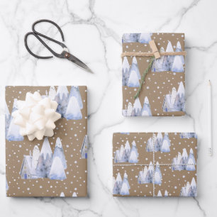 Rustic Kraft Blue White Snowy Ski Chalet Gebirge Geschenkpapier Set