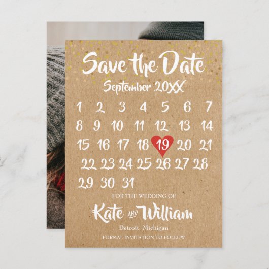 Rustic Kraft Boho Calendar Save the Date Foto Ankündigungspostkarte (Vorne/Hinten)