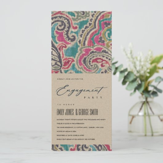 RUSTIC KRAFT BOHO IKAT TRIBAL PINK AQUAMARINE VERL EINLADUNG (Stehend Vorderseite)