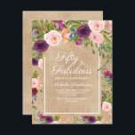 Rustic Kraft Boho Plum Blush Floral 50. Geburtstag Einladung<br><div class="desc">Schönes Pflaume lila und rot rosa botanische boho-Stil Aquarell-Blüte auf rustikal braunes Kraftpapier 50. Geburtstag Einladung.</div>