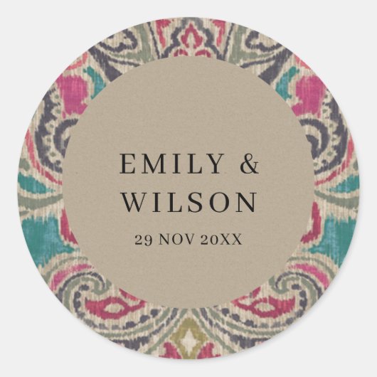 RUSTIC KRAFT BOHO TRIBAL IKAT PINK AQUAMARIN WEDD RUNDER AUFKLEBER (Vorderseite)