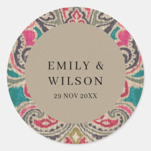 RUSTIC KRAFT BOHO TRIBAL IKAT PINK AQUAMARIN WEDD RUNDER AUFKLEBER