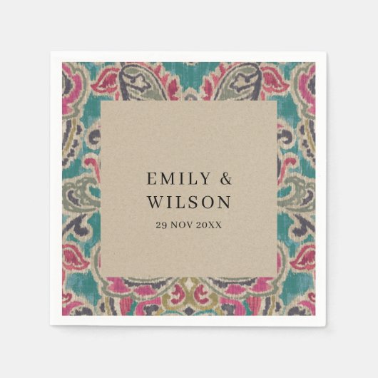RUSTIC KRAFT BOHO TRIBAL IKAT PINK AQUAMARIN WEDD SERVIETTE (Vorderseite)