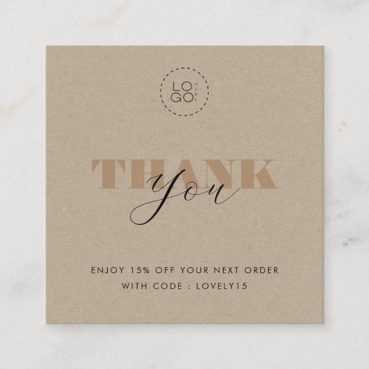 Rustic Kraft Bold Script Custom Logo Discount Card Quadratische Visitenkarte (Vorderseite)