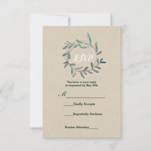 Rustic Kraft Botanical Wreath Leaf Wedding RSVP Karte (Vorderseite)