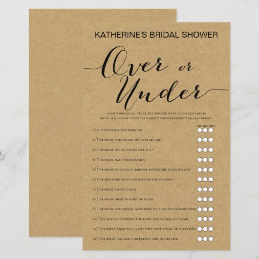 Rustic Kraft Brautparty Game DRUCKT (Vorne/Hinten)