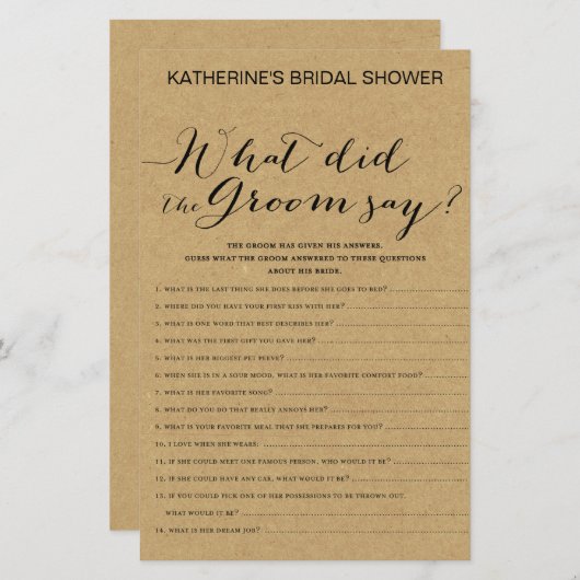 Rustic Kraft Brautparty Game DRUCKT (Vorne/Hinten)