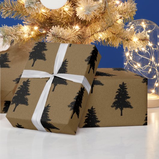 Rustic Kraft Brown Black Christmas Tree Pattern Geschenkpapier (Feiertage)