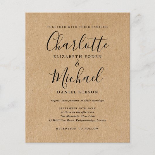 Rustic Kraft Budget Script Einladung zur Hochzeit (Vorderseite)