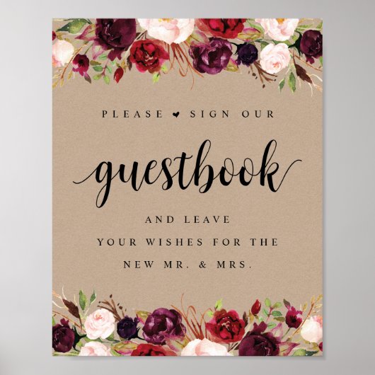 Rustic Kraft Burgundy Floral Wedding Guestbook Poster (Vorne)