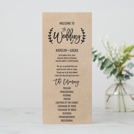 Rustic Kraft Calligraphy Memorial Wedding Program Programm (Stehend Vorderseite)