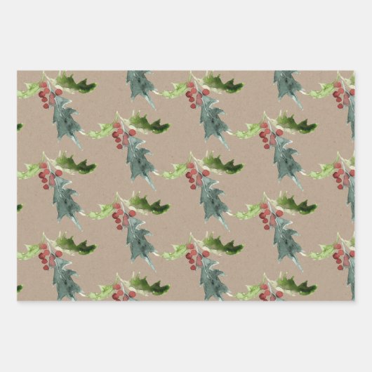 Rustic Kraft Christmas Floral Holly Red Berries Geschenkpapier Set (Vorderseite)