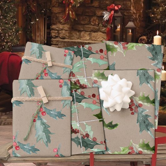 Rustic Kraft Christmas Floral Holly Red Berries Geschenkpapier Set